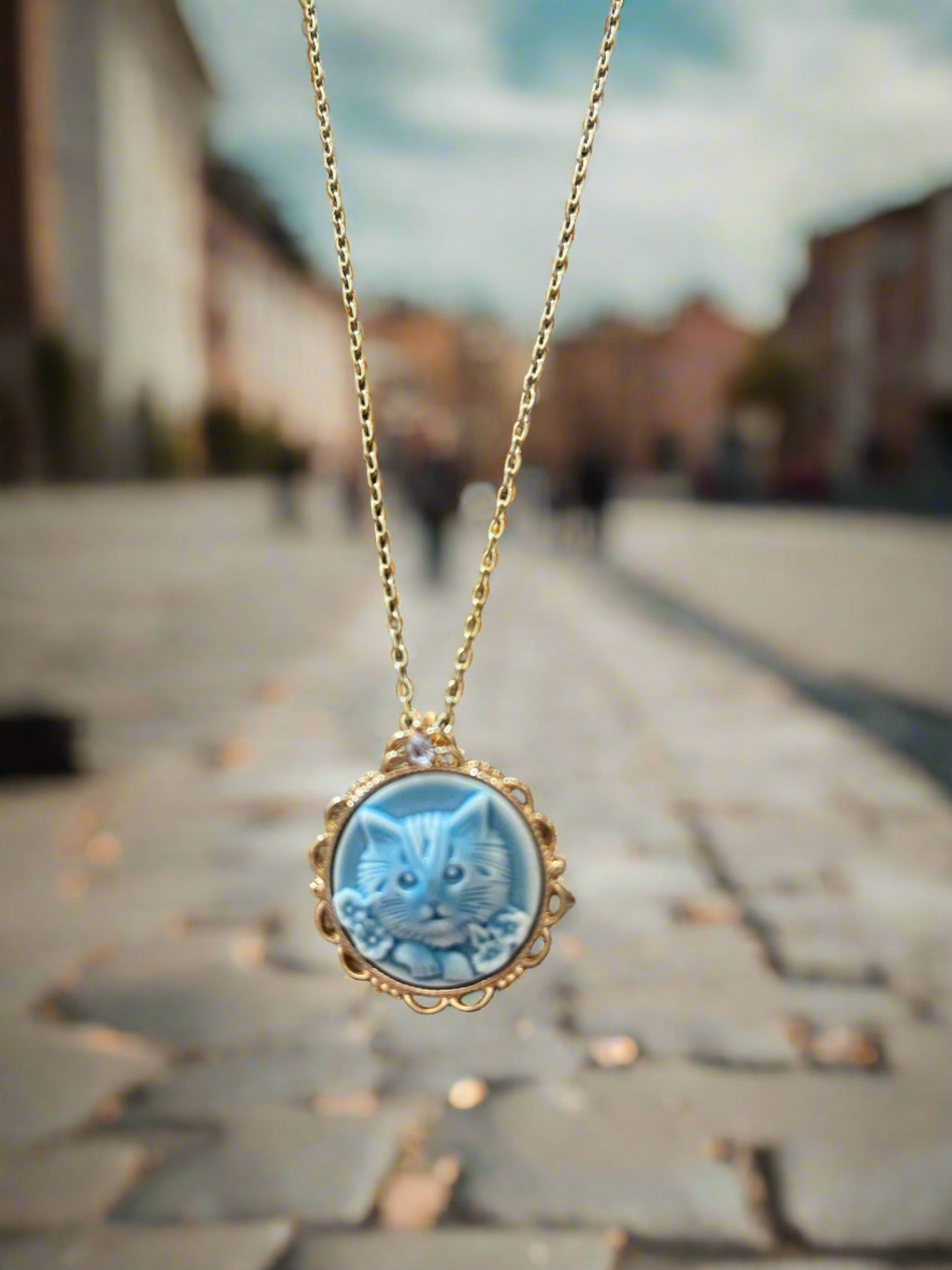 Blue Kitten Face Cameo Pendant on a Gold Chain NecklacePink tiful of LOVE