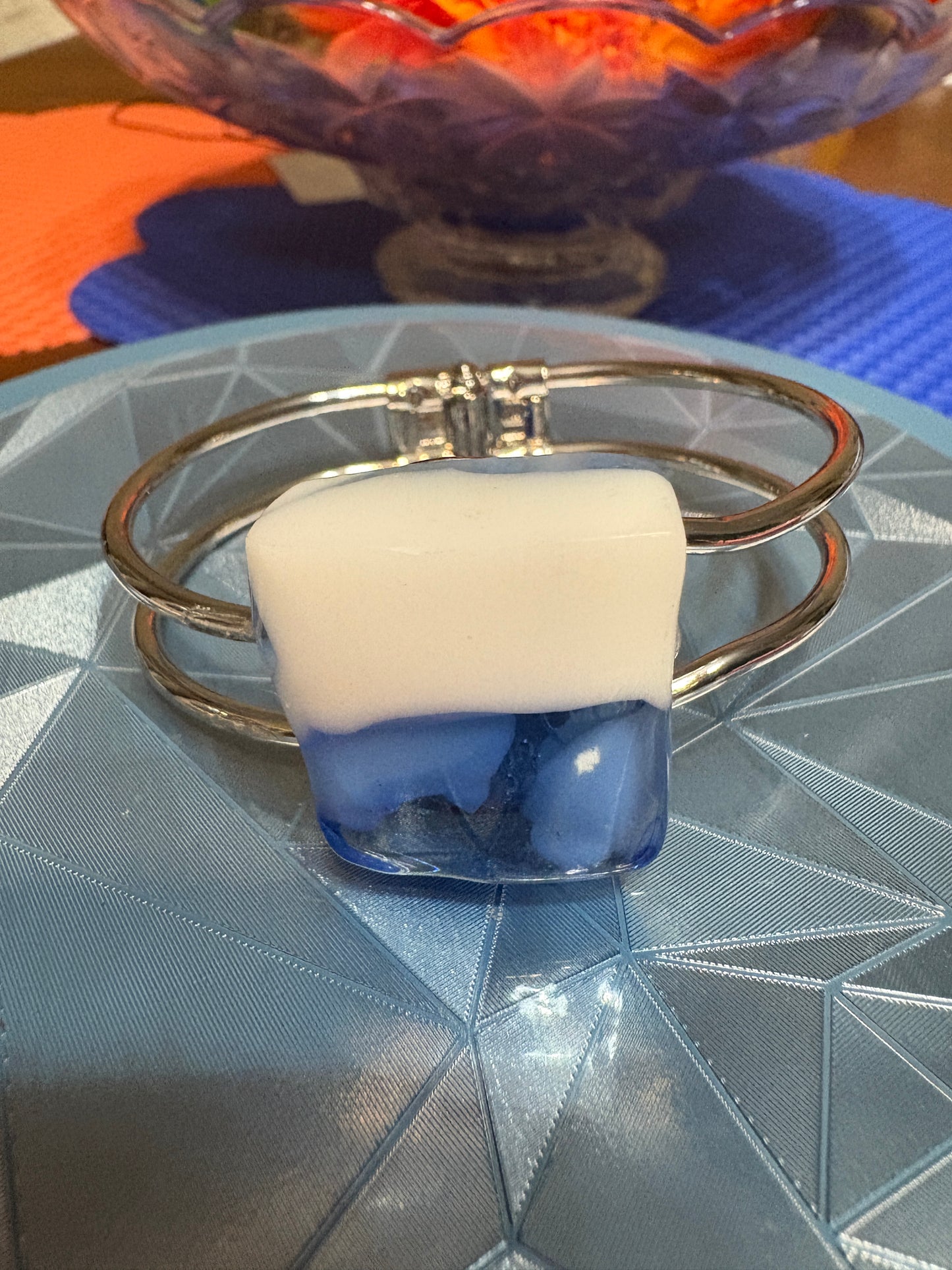 Fused Glass White & Blue square Silver Bracelet