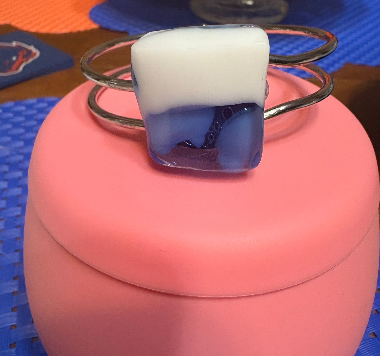 Fused Glass White & Blue square Silver Bracelet