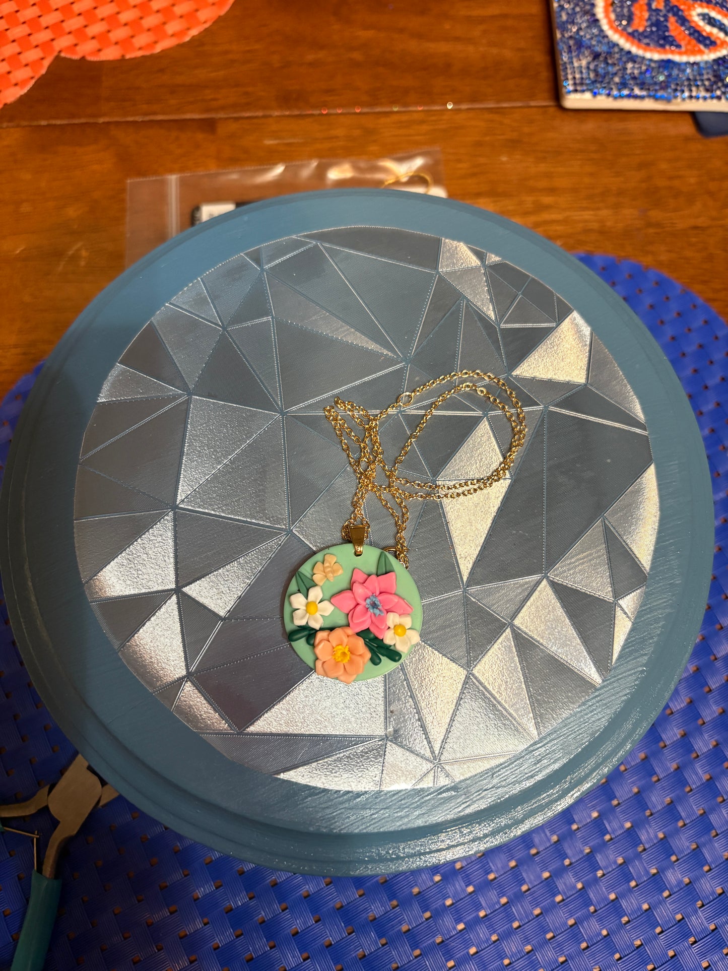 Round Floral Pendant on Gold Chain