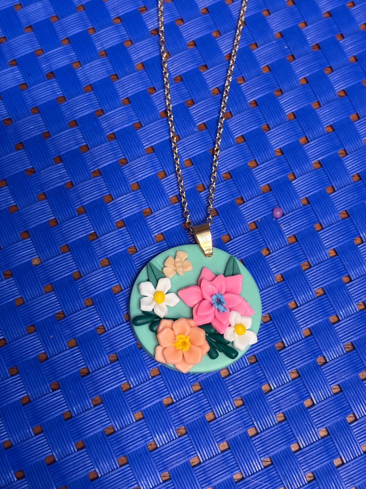 Round Floral Pendant on Gold Chain