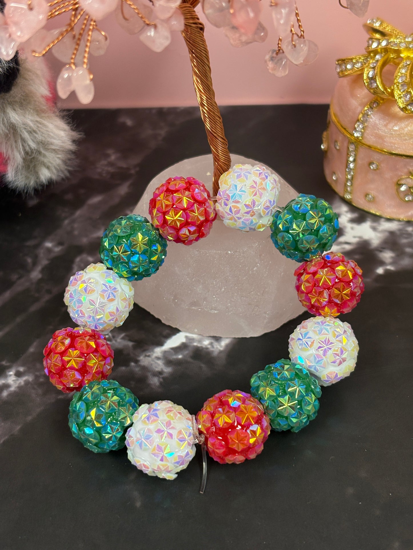 ✨ Starburst Rhinestone Beaded Stretchy Bracelet – Red, White & Green ✨