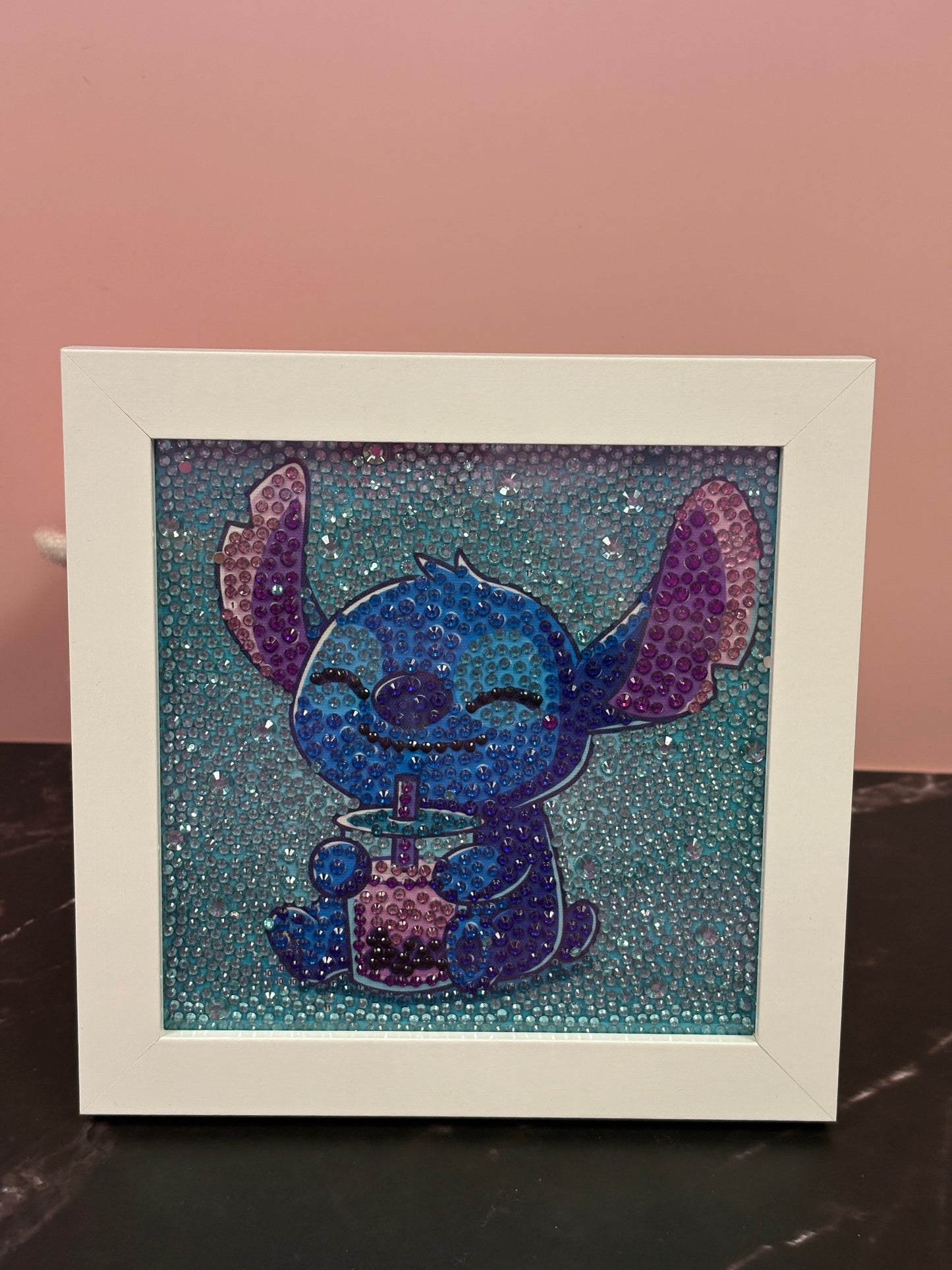 ✨ Framed Diamond Art Picture – Stitch with Drink Sparkling Wall Décor