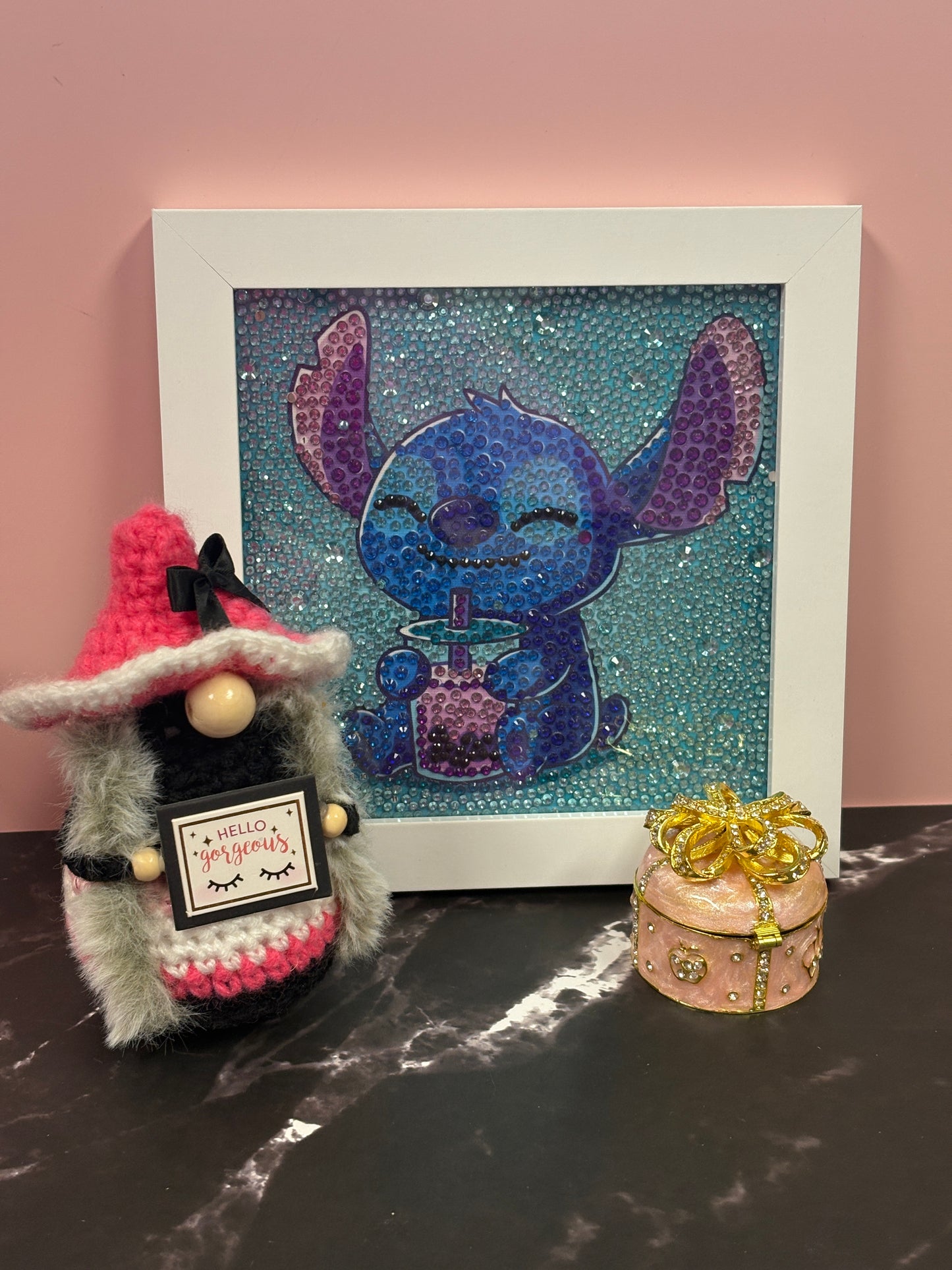 ✨ Framed Diamond Art Picture – Stitch with Drink Sparkling Wall Décor