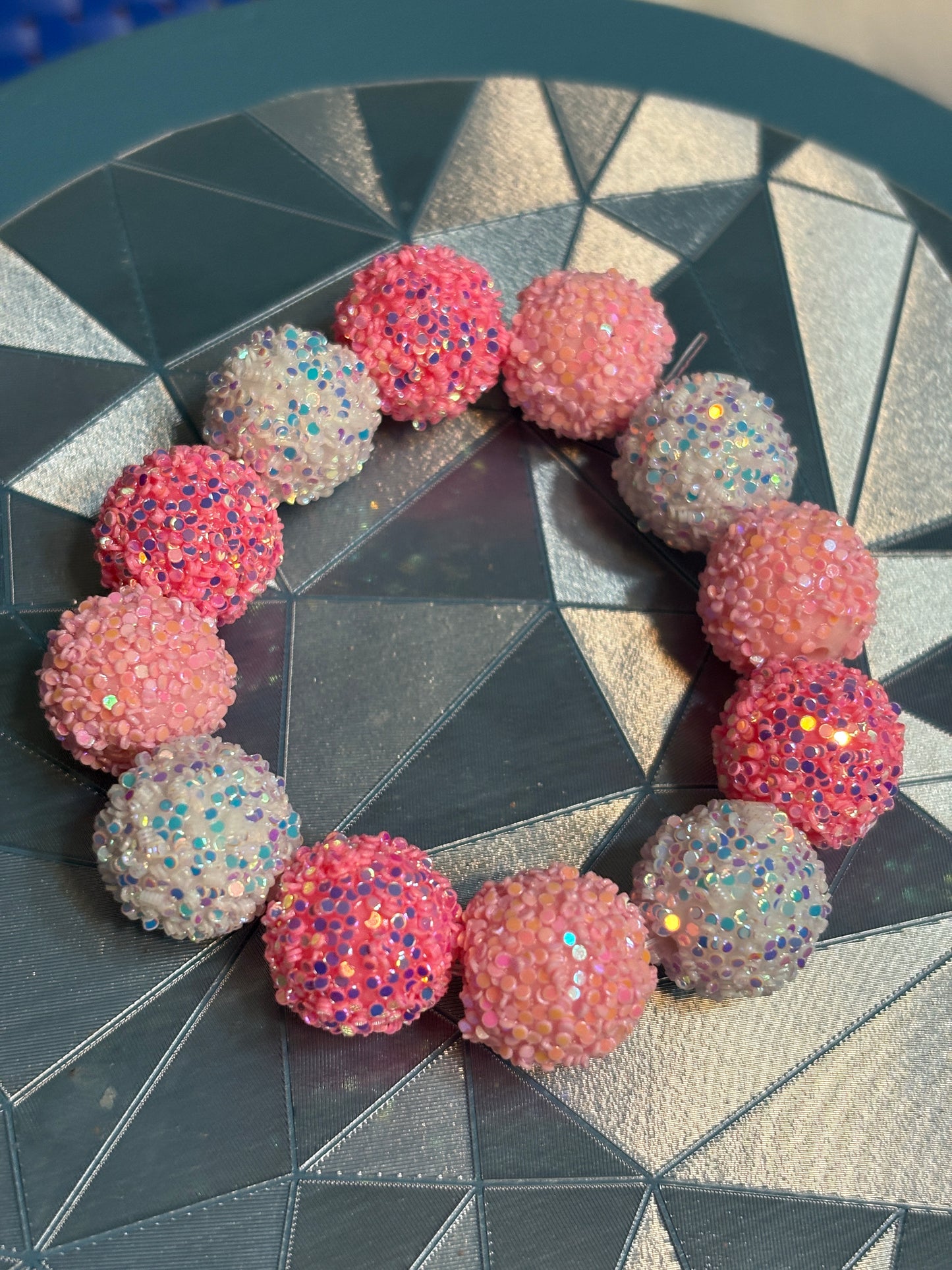Pink & White Glitter Beaded Stretchy Bracelet