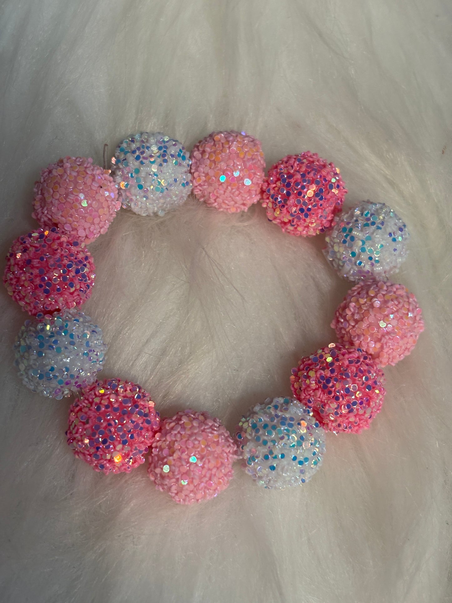 Pink & White Glitter Beaded Stretchy Bracelet