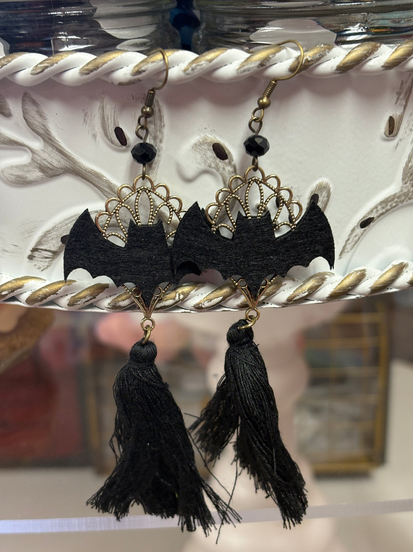 Black Bat Tassel Wire Earrings – Gothic Halloween Statement Jewelry