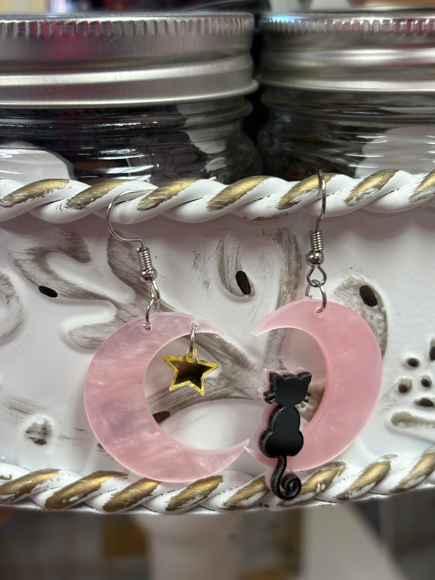 Moonlit Cat & Star Wire Earrings