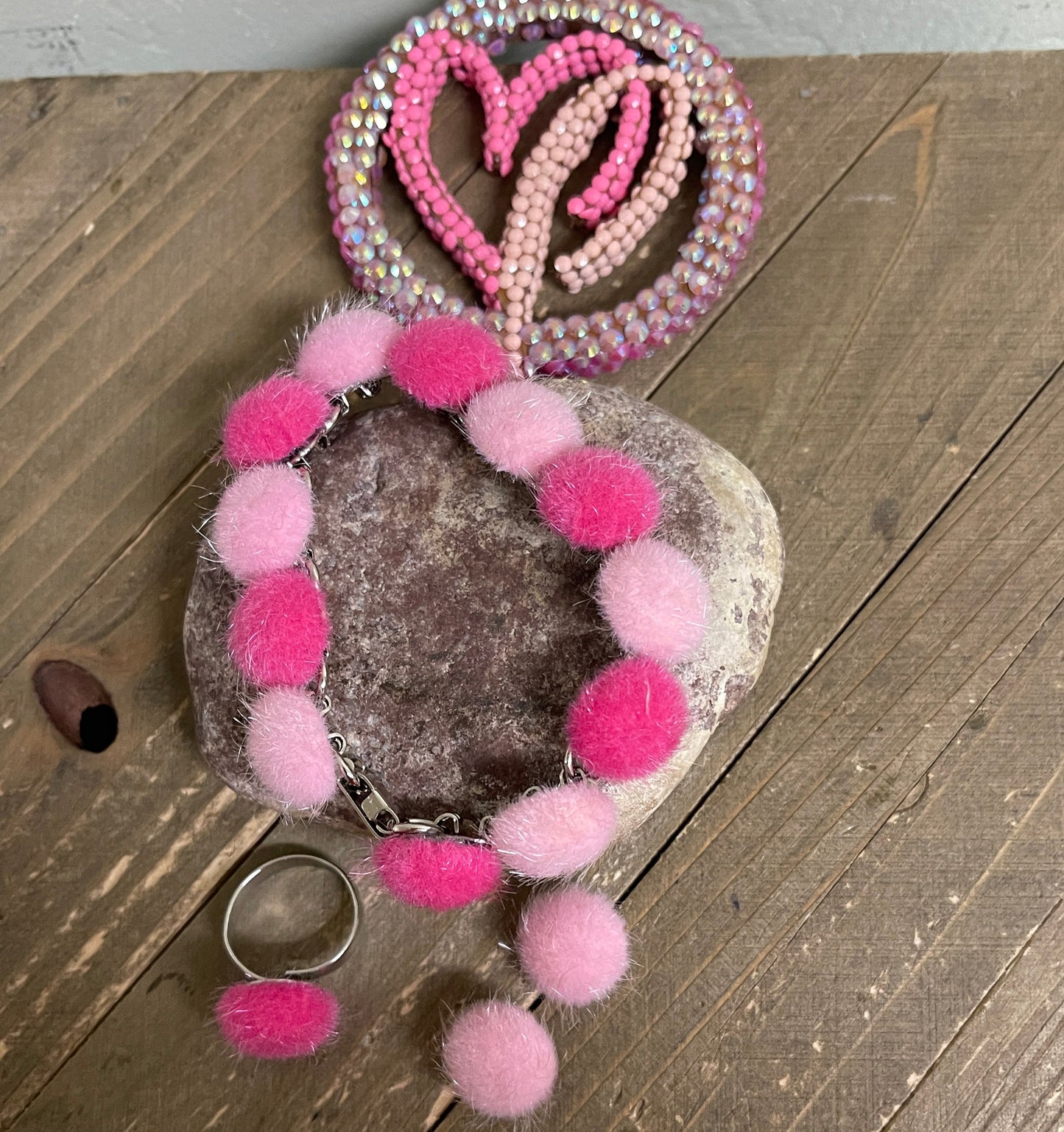 Shades of Pink Faux Fur Jewelry: bracelet, Ring &amp; earrings (stud)Pink tiful of LOVE