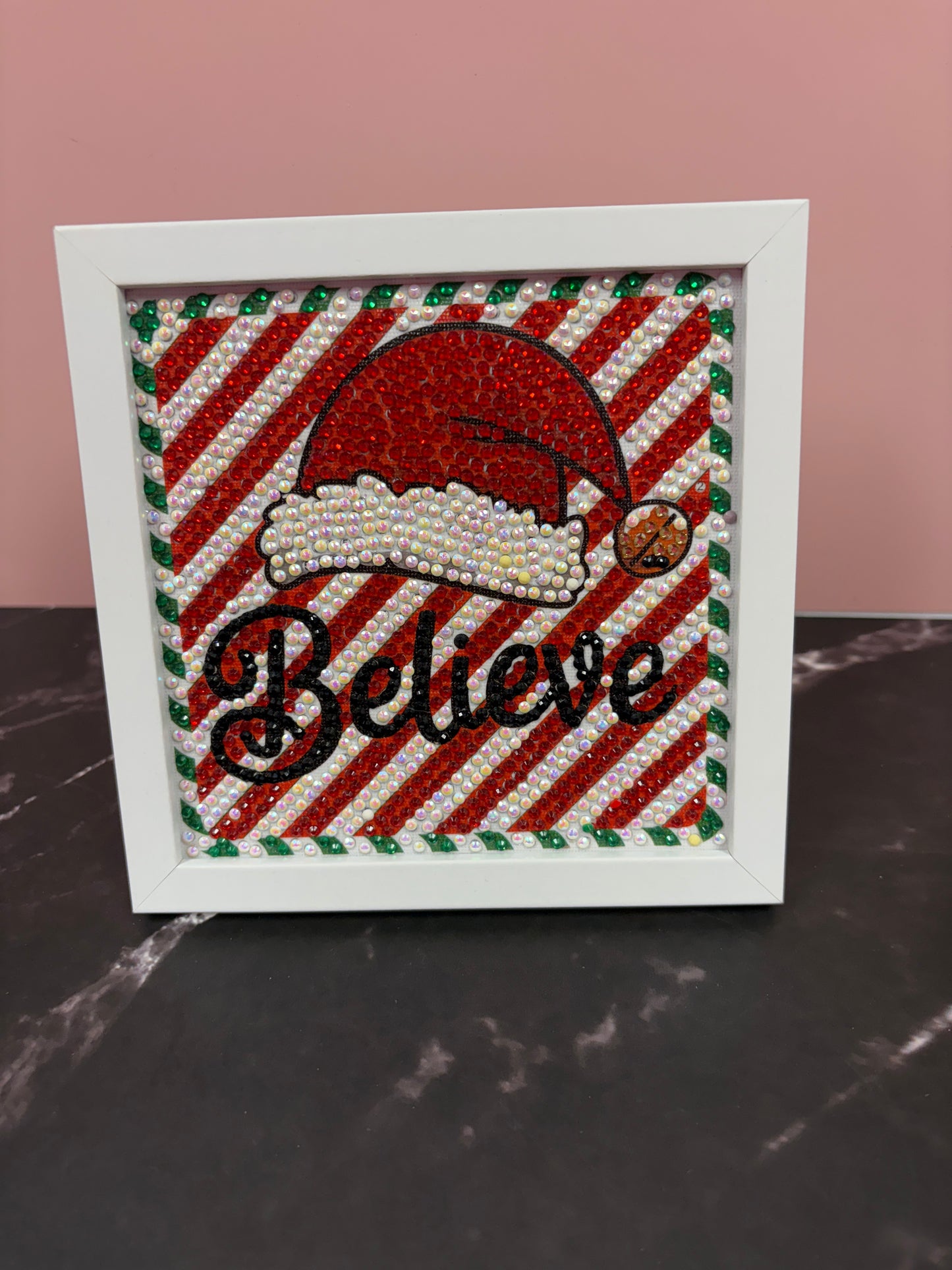 Christmas Diamond Art Wall Décor – “Believe” Candy Cane Sparkle Sign (Frameless Glass)