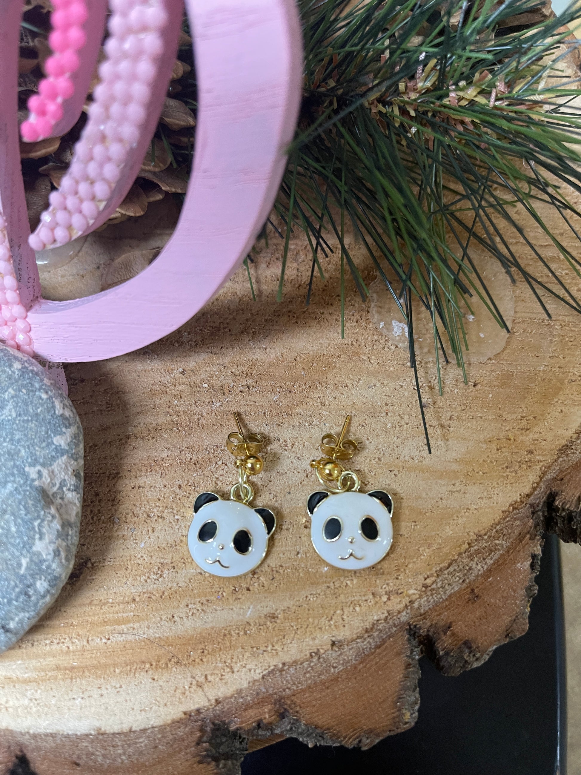 Panda Face Enamel charm Gold Ball Post EarringPink tiful of LOVE