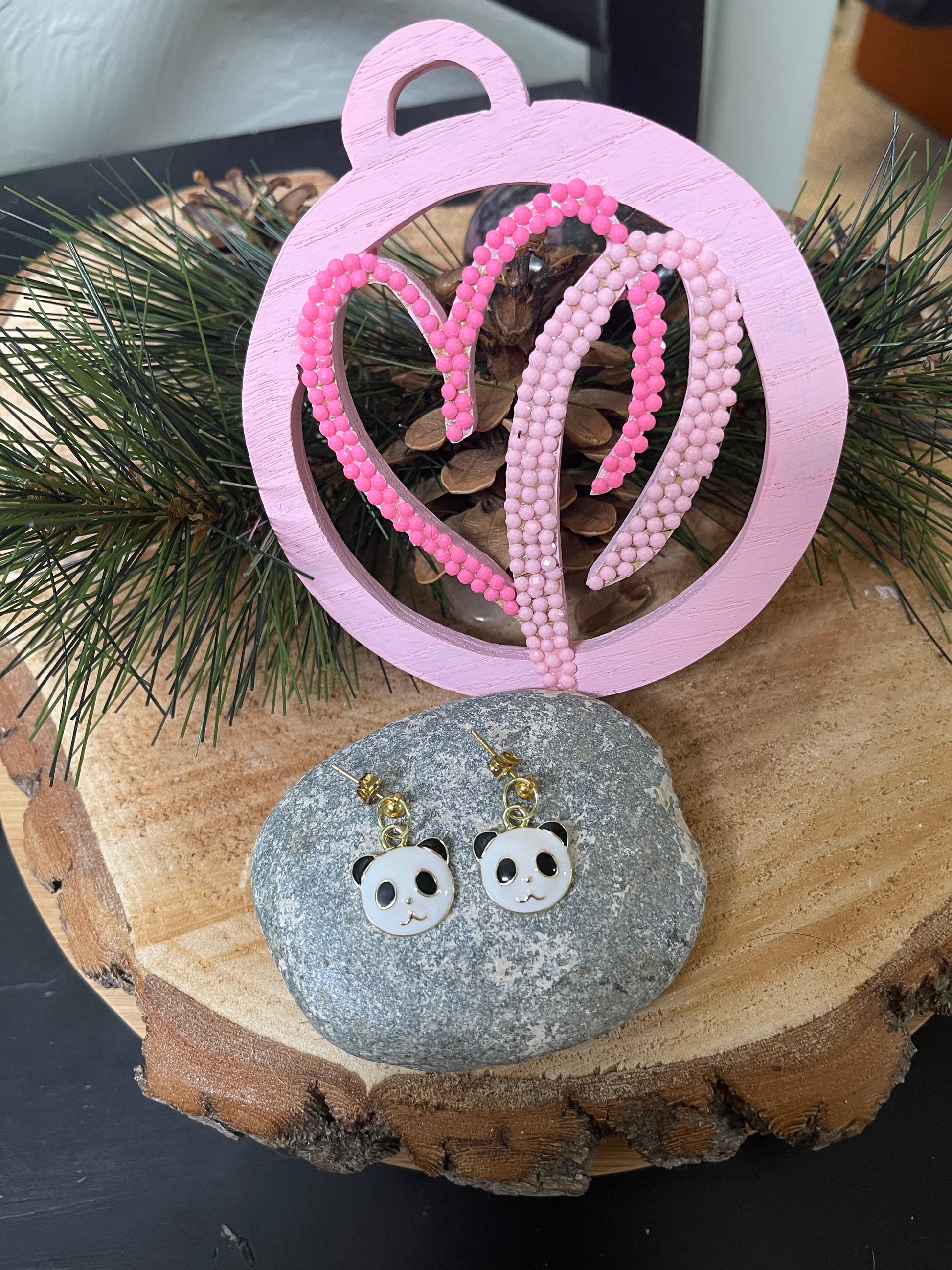 Panda Face Enamel charm Gold Ball Post EarringPink tiful of LOVE