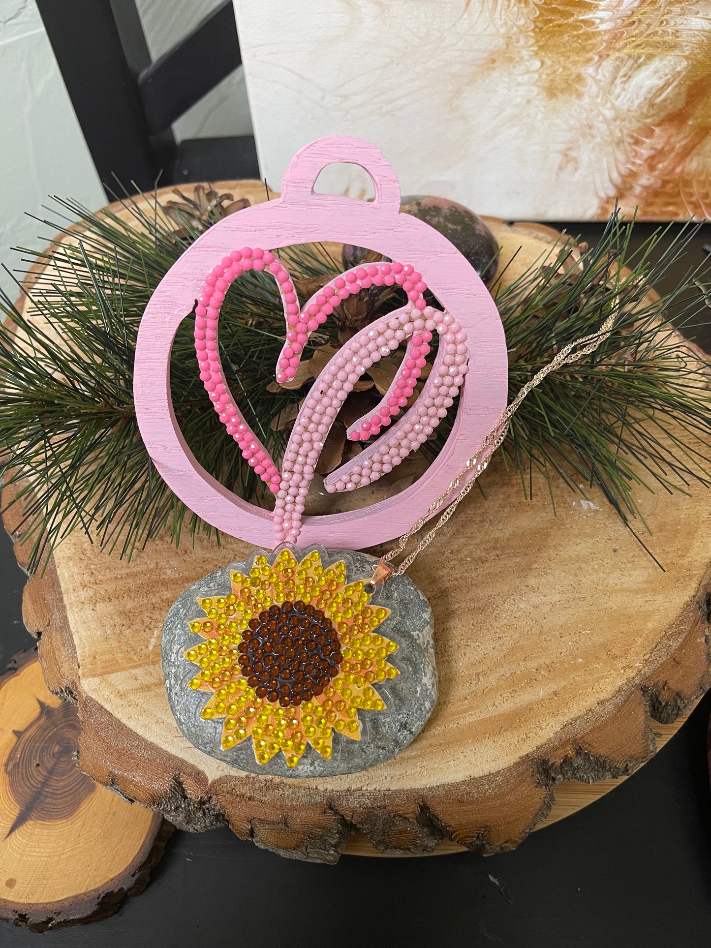 Diamond Painting Sunflower Pendant on a Rose Gold chain NecklacePink tiful of LOVE