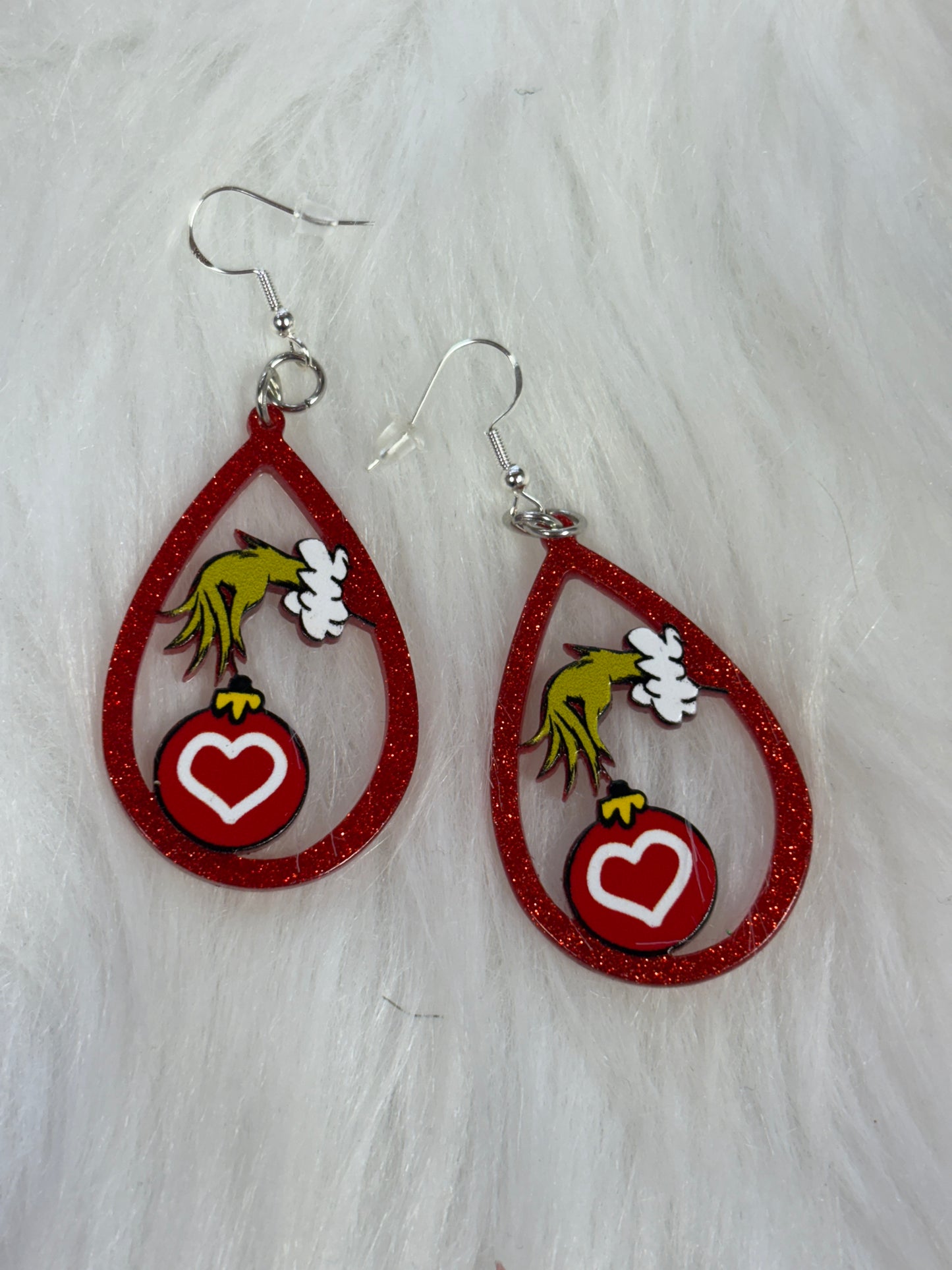 Glitter Grinch Hand Teardrop Earrings – Festive Red Holiday Ornament Jewelry