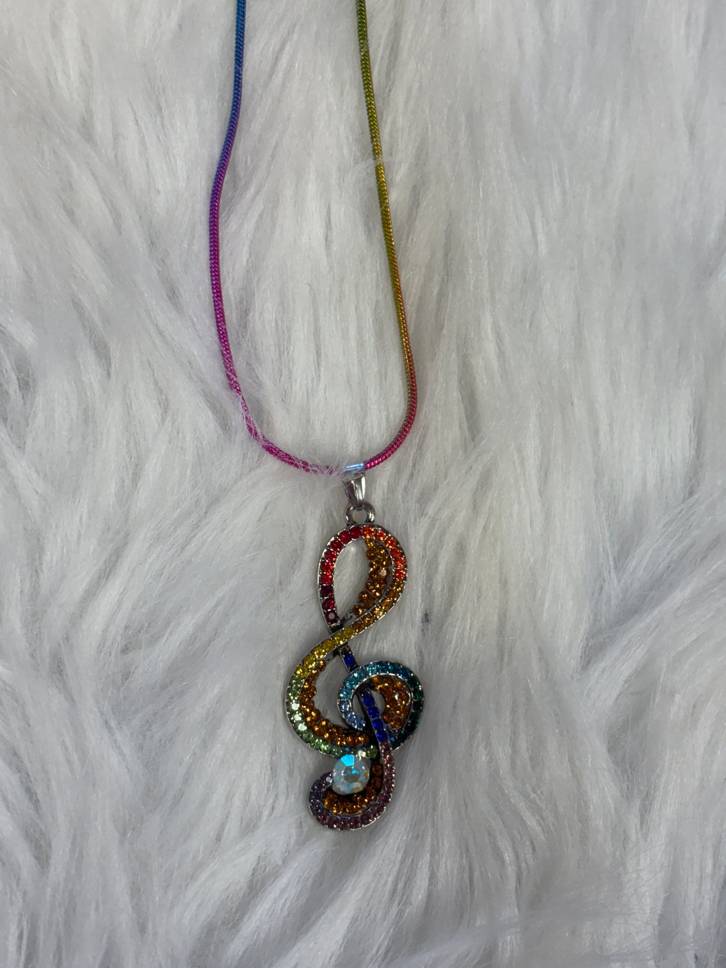 Rainbow Treble Clef Rhinestone Necklace – Colorful Music Lover’s Pendant