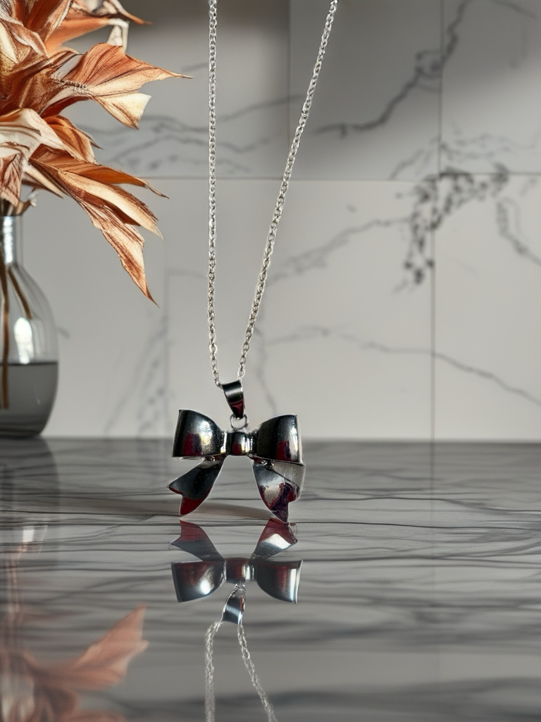 Silver Puff Bow Necklace – Cute Polished Bow Pendant on 16" Silver-Plated Chain