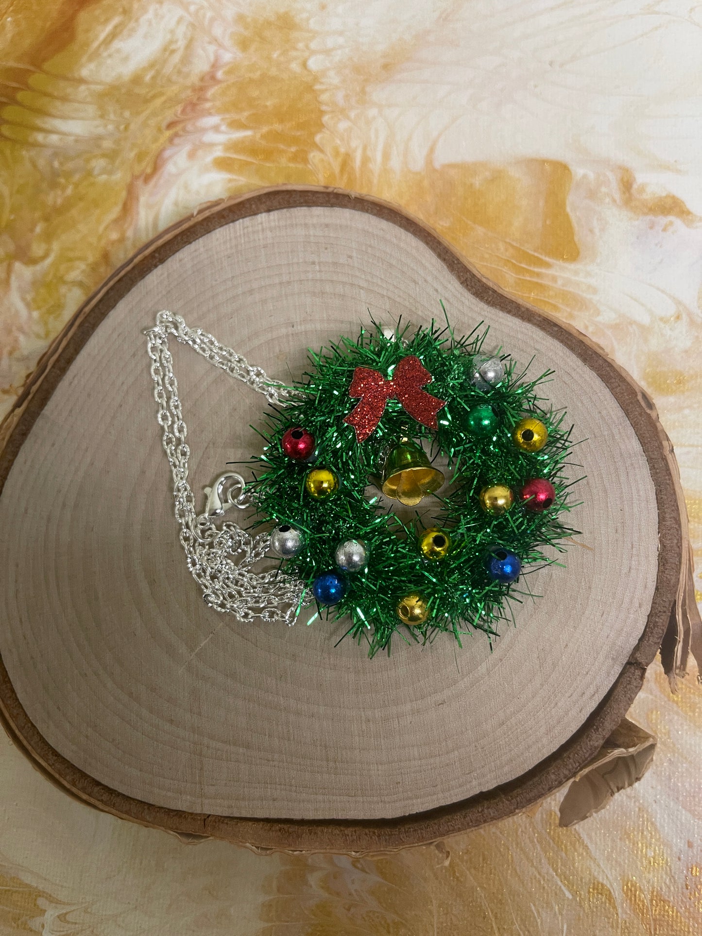 Christmas Tinsel Bell Wreath Pendant on a Silver Chain NecklacePink tiful of LOVE