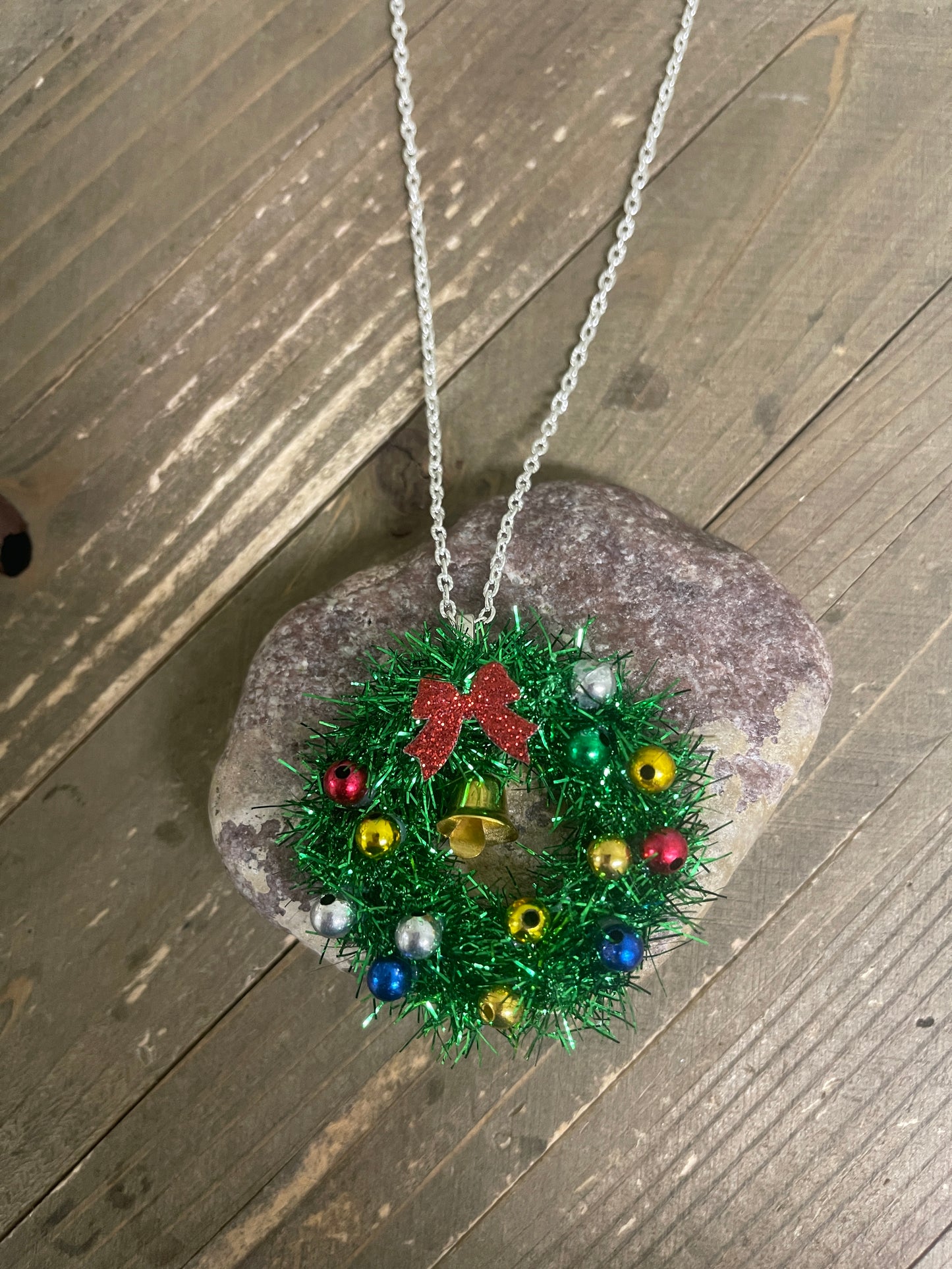 Christmas Tinsel Bell Wreath Pendant on a Silver Chain NecklacePink tiful of LOVE