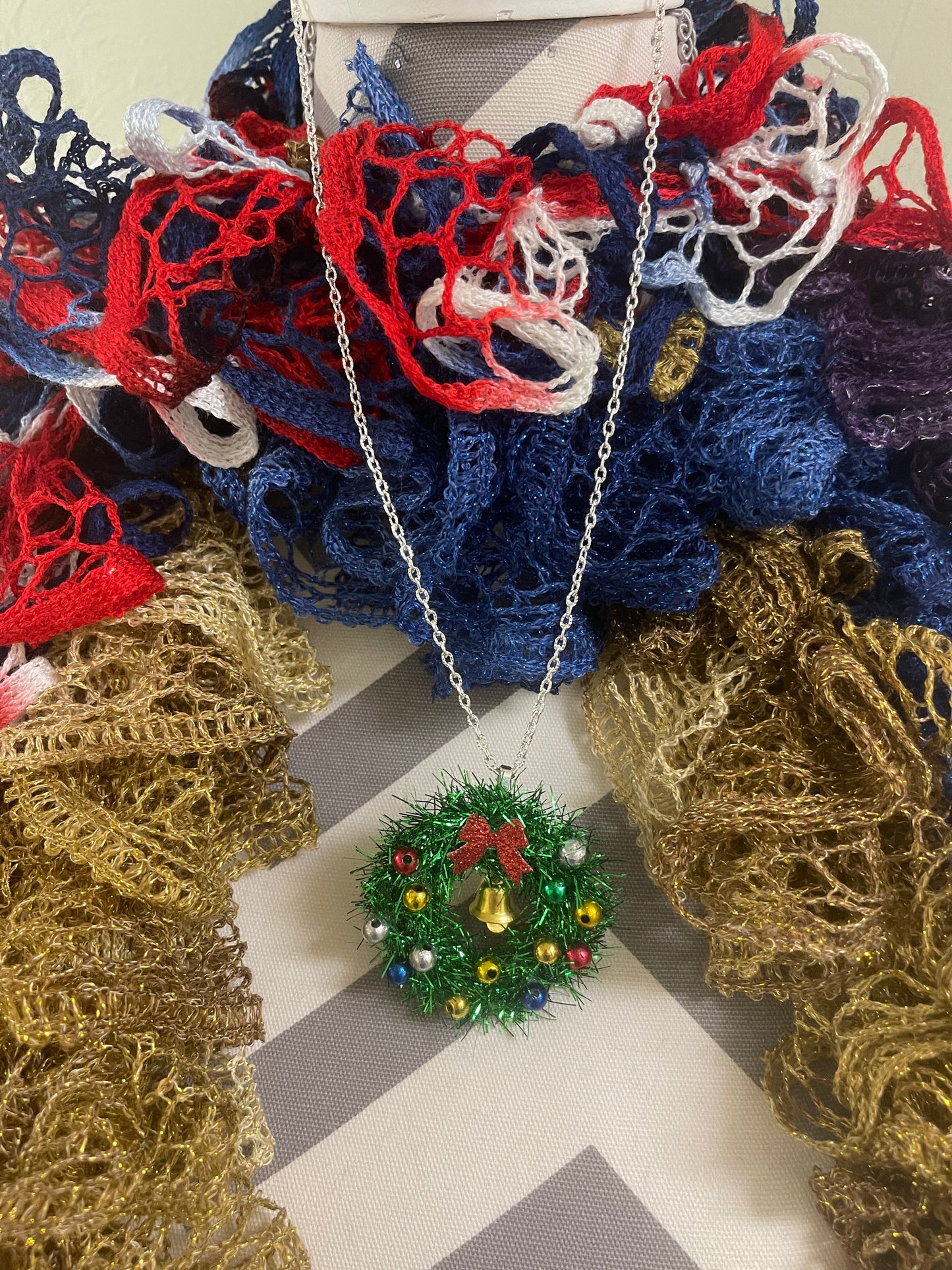 Christmas Tinsel Bell Wreath Pendant on a Silver Chain NecklacePink tiful of LOVE