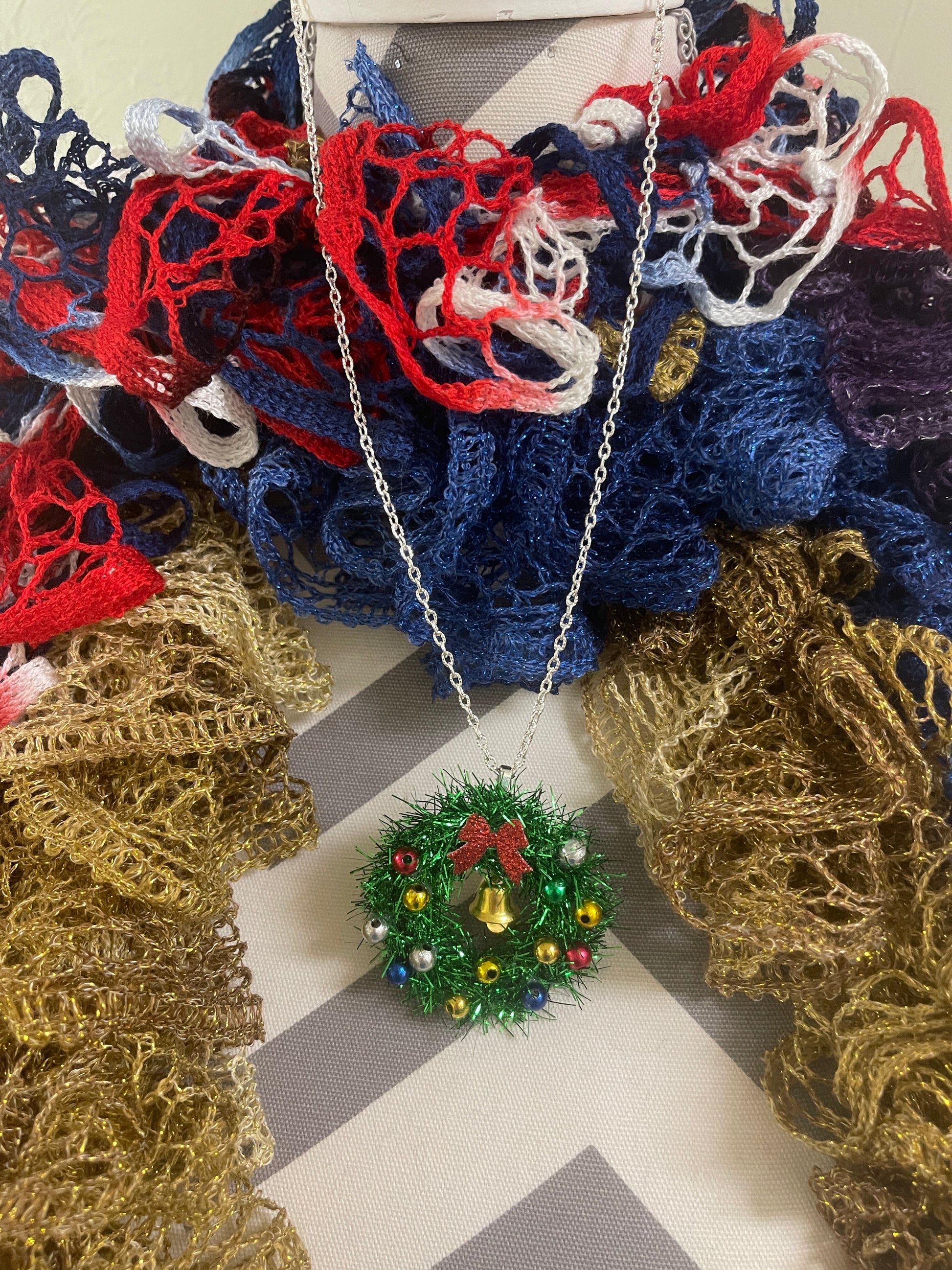 Christmas Tinsel Bell Wreath Pendant on a Silver Chain NecklacePink tiful of LOVE