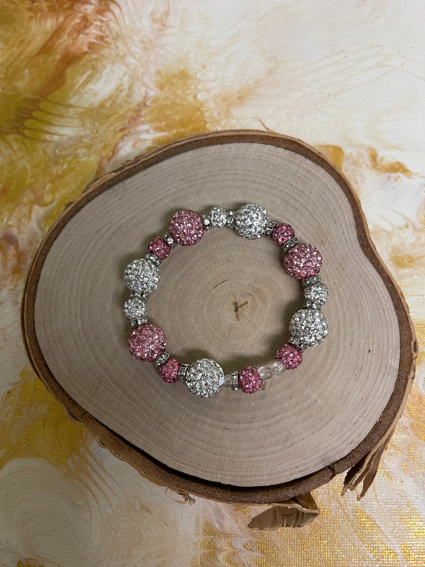 Pink & White Round Rhinestone Beaded Elastic/Stretch BraceletPink tiful of LOVE