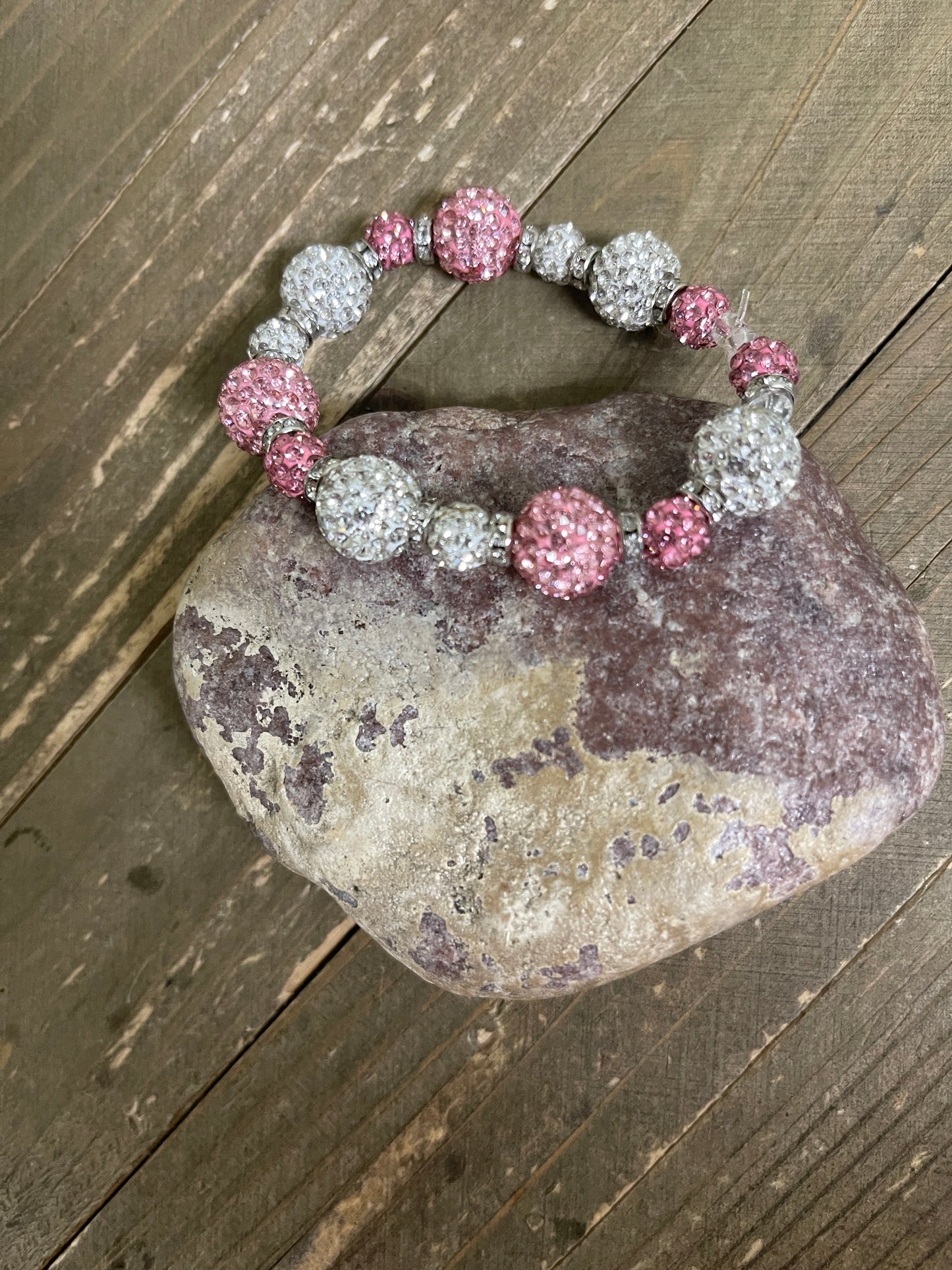 Pink & White Round Rhinestone Beaded Elastic/Stretch BraceletPink tiful of LOVE