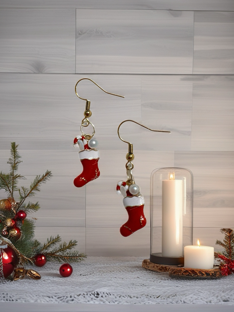 Christmas Stocking & Pearl Earrings – Gold Enamel Holiday Charm Dangles
