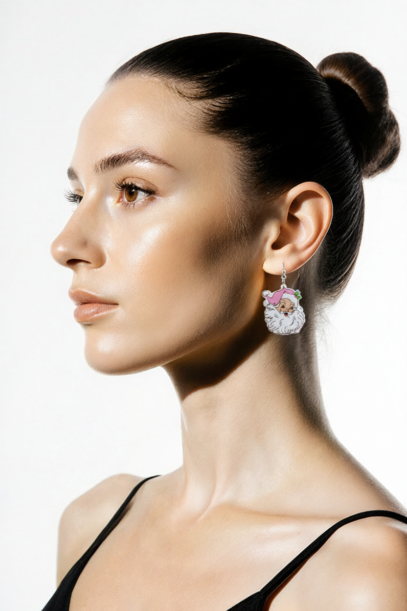 Pink Santa Claus Dangle Earrings – Double-Sided Festive Acrylic Jewelry