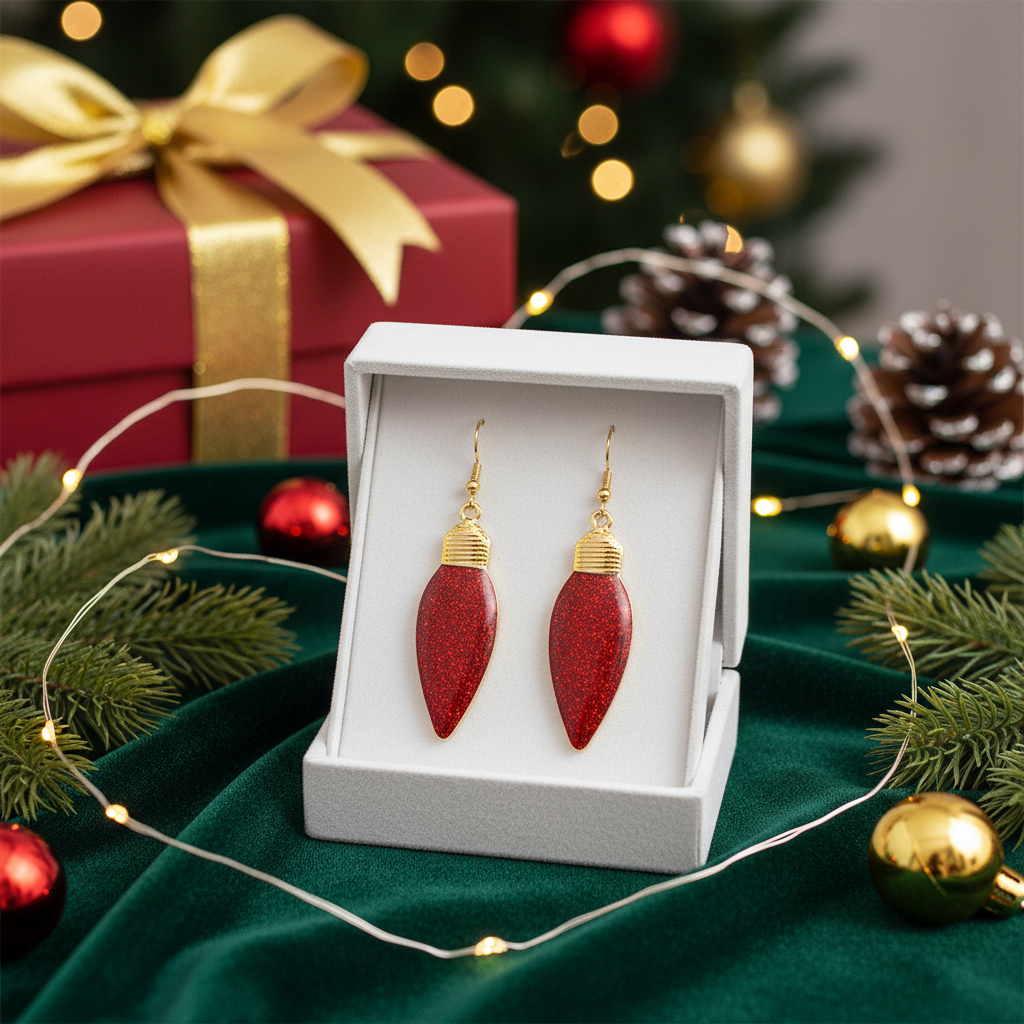 Red Glitter Christmas Light Bulb Dangle Earrings | Handmade Holiday Jewelry
