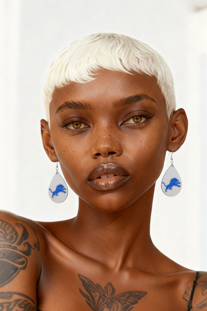 Lions Football on White Teardrop Dangle Earrings | Handmade Fan Jewelry