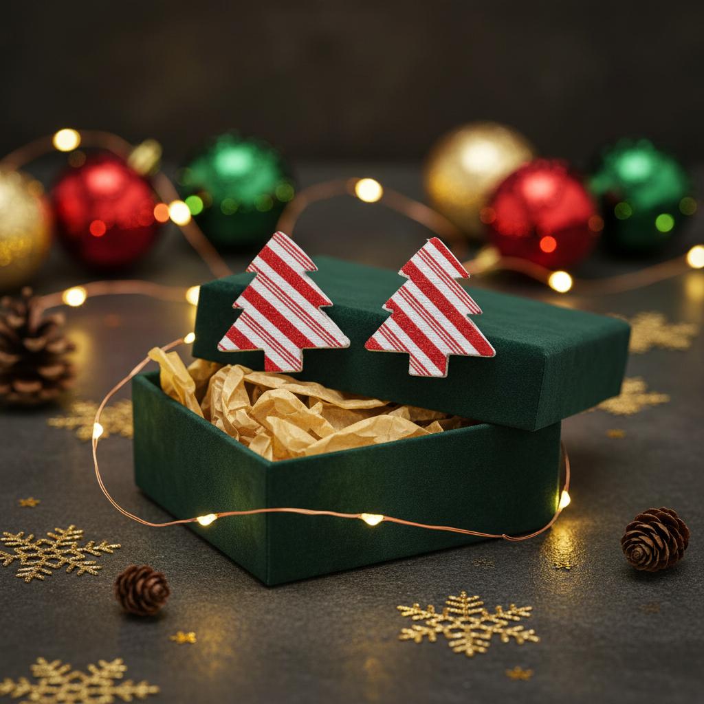 Candy Cane Striped Christmas Tree Stud Earrings | Handmade Holiday Jewelry