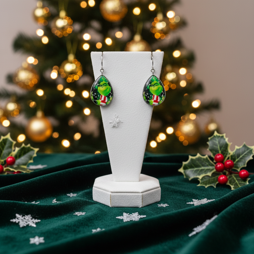Grinch with Scarf French Lever Earrings | Handmade Holiday Jewelry