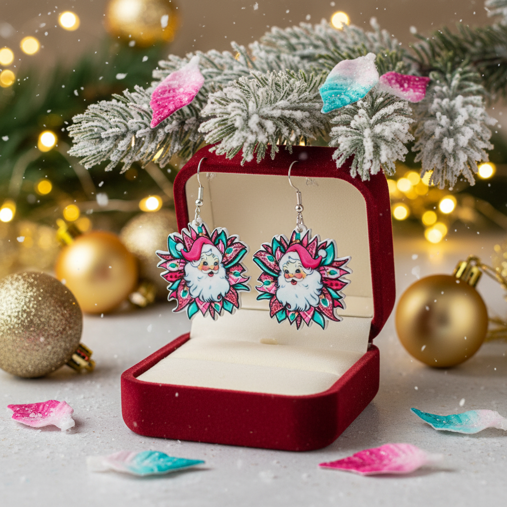 Acrylic Floral Santa Dangle Earrings | Handmade Holiday Statement Jewelry
