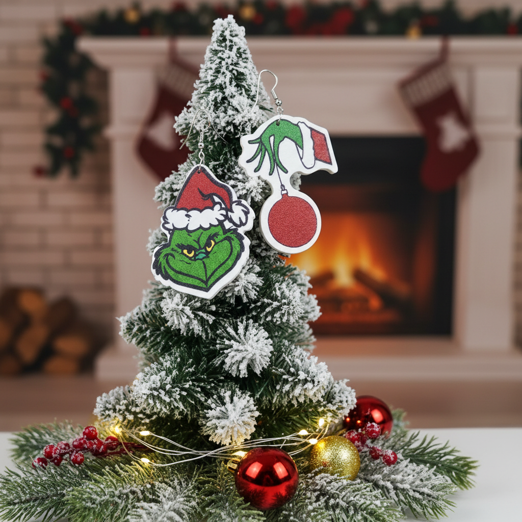 Grinch Christmas Asymmetrical Wood Earrings | Fun Holiday Statement Earrings