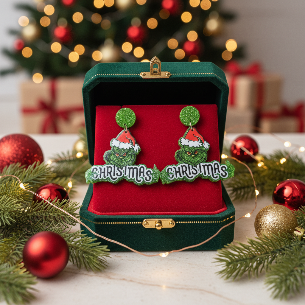 Grinch Christmas Acrylic Earrings | Festive Holiday Statement Dangle Earrings