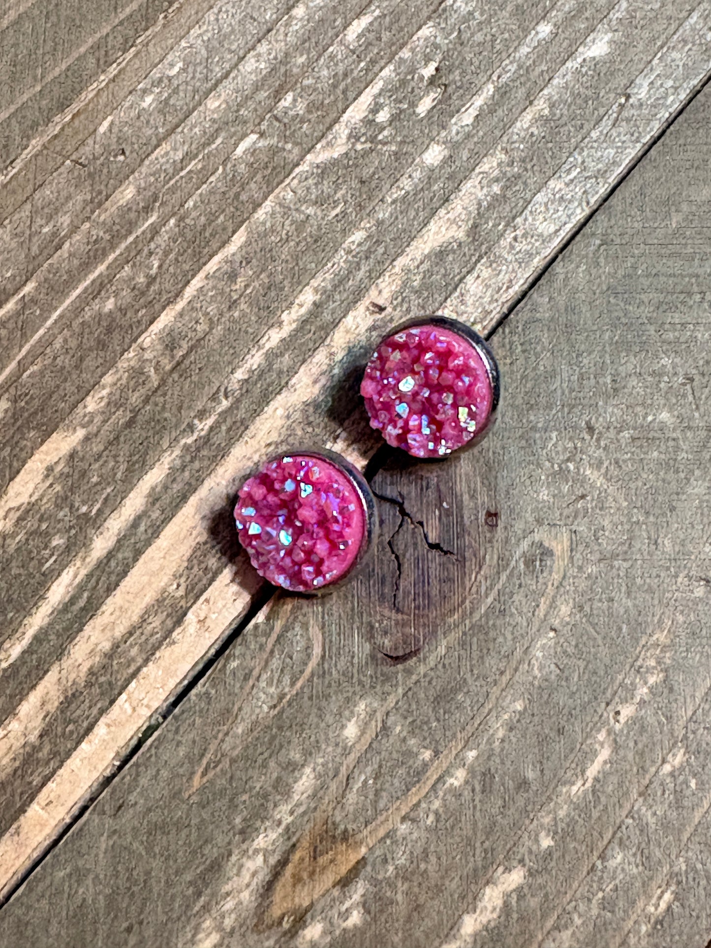 Hot Pink Druzy Stud Earrings | 12mm Sparkle Studs
