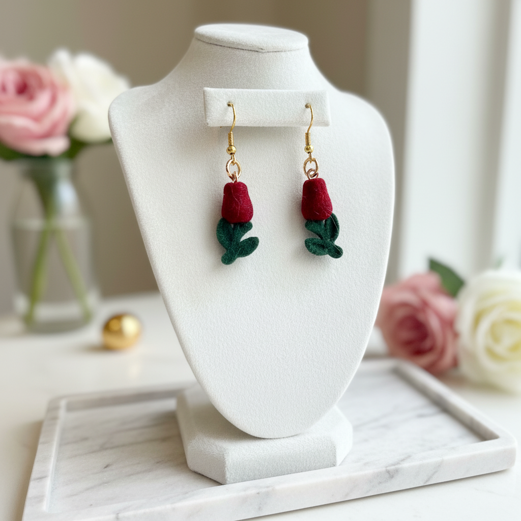 Red Rose Charm Wire Earrings – Flocked Floral Dangle Earrings in Gold