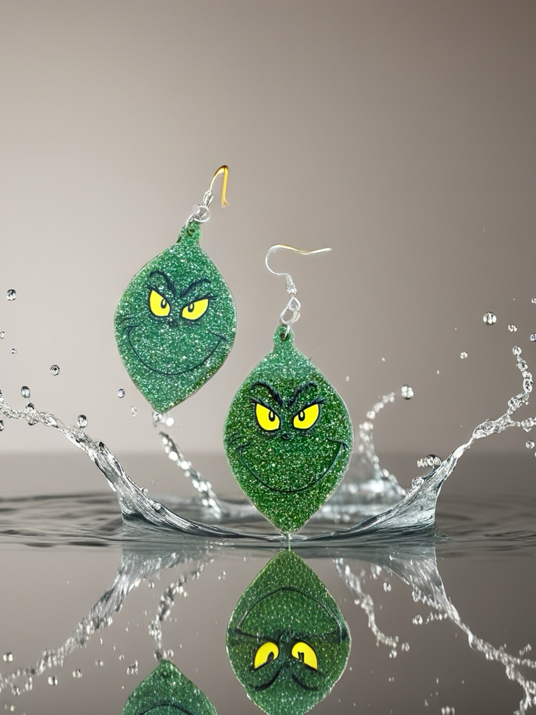 Glitter Grinch Face Dangle Earrings – Sparkly Green Holiday Statement Jewelry