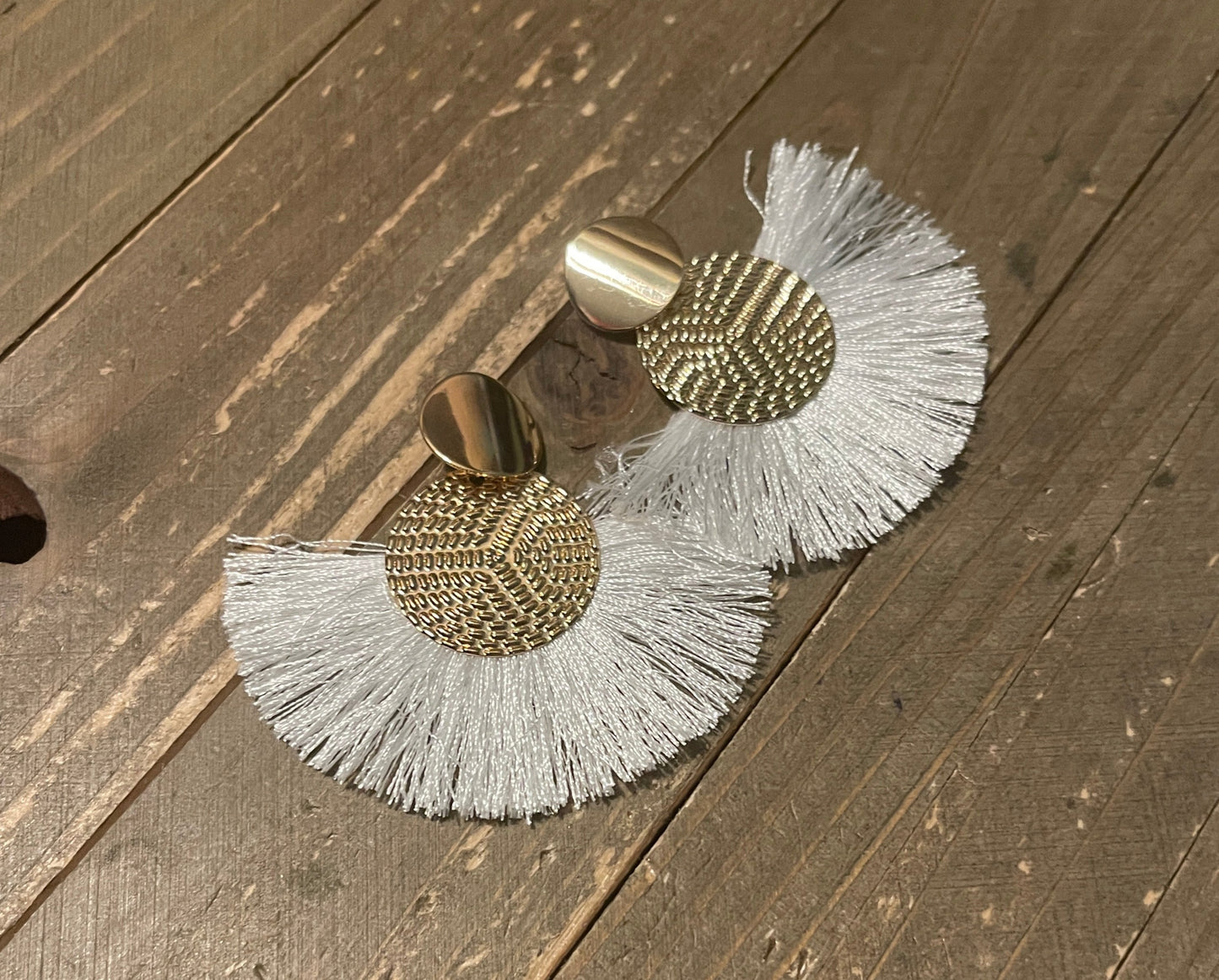 White Fringe with gold round accents Stud EarringsPink tiful of LOVE