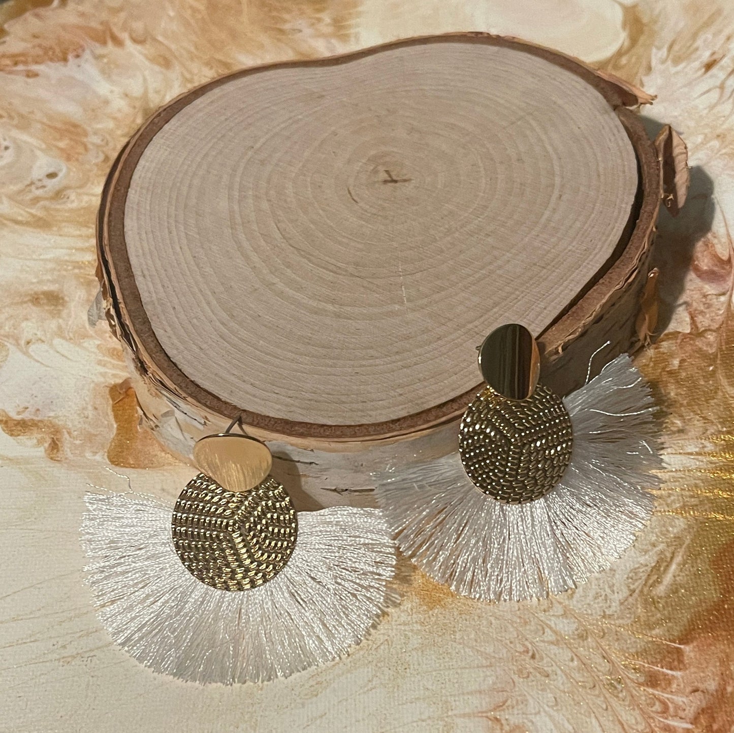 White Fringe with gold round accents Stud EarringsPink tiful of LOVE