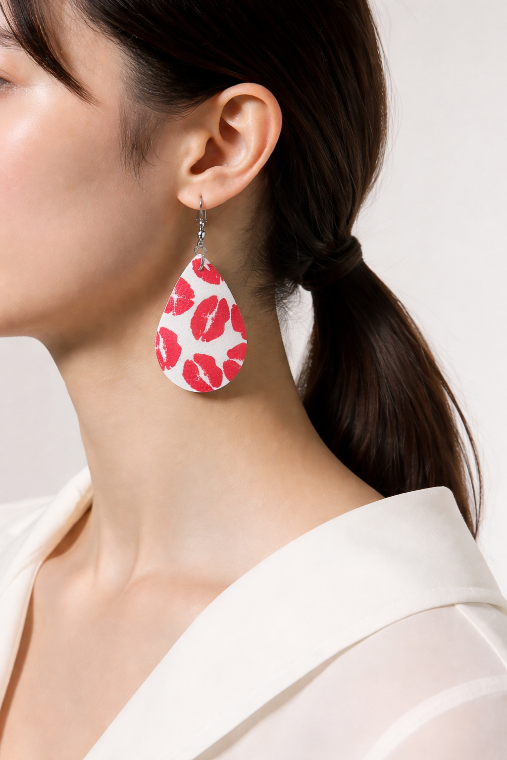 Valentine Heart Teardrop Earrings – Faux Leather Kiss Print Earrings