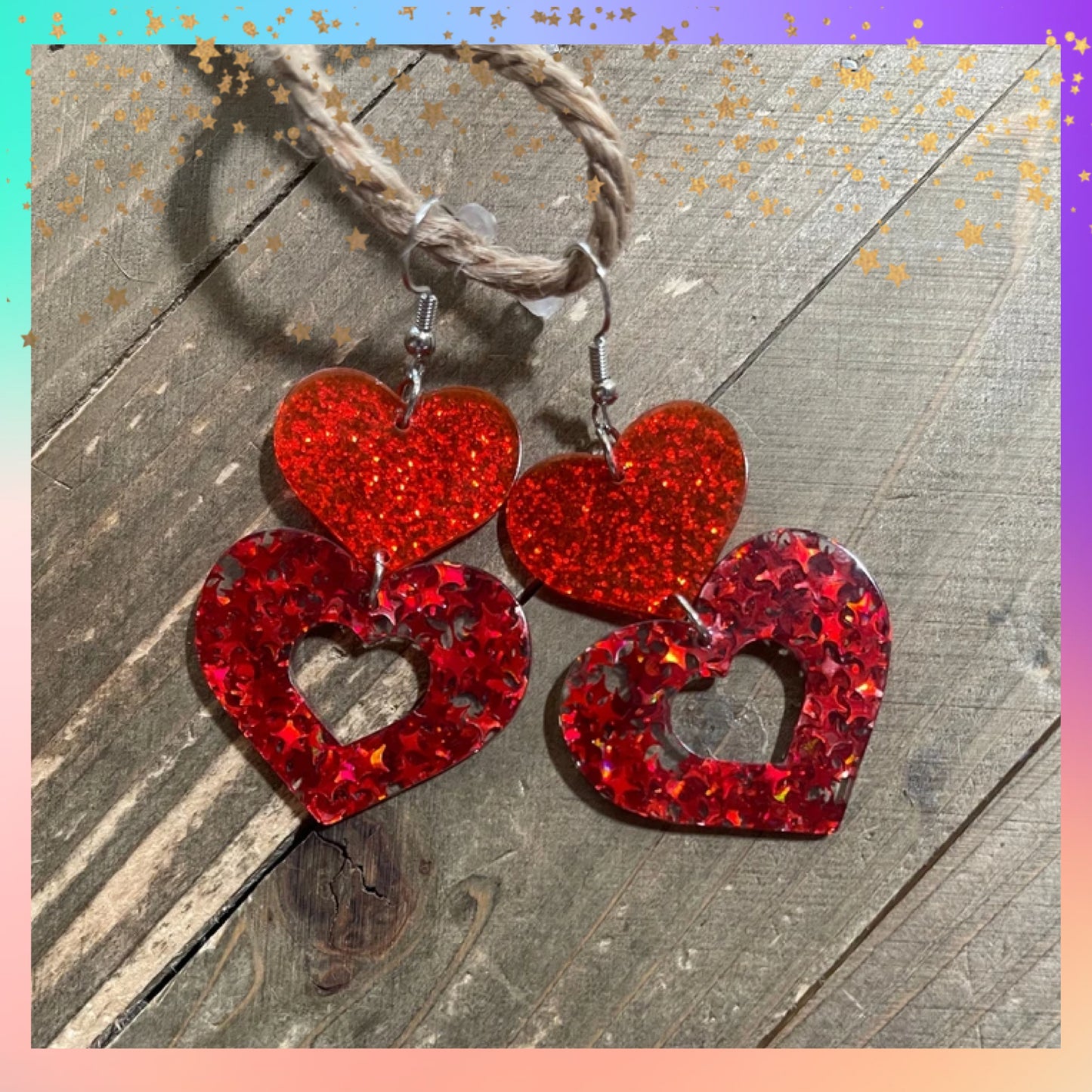 Red Stacked Heart Wire Earrings – Glitter & Star Sequin Resin Hearts