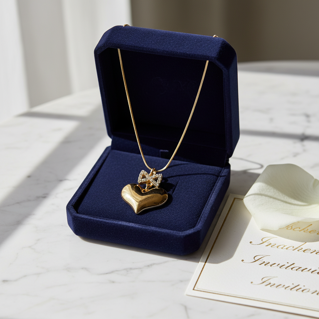 Gold Puffy Heart Necklace with Rhinestone Bow – Romantic Heart Pendant on Gold Snake Chain