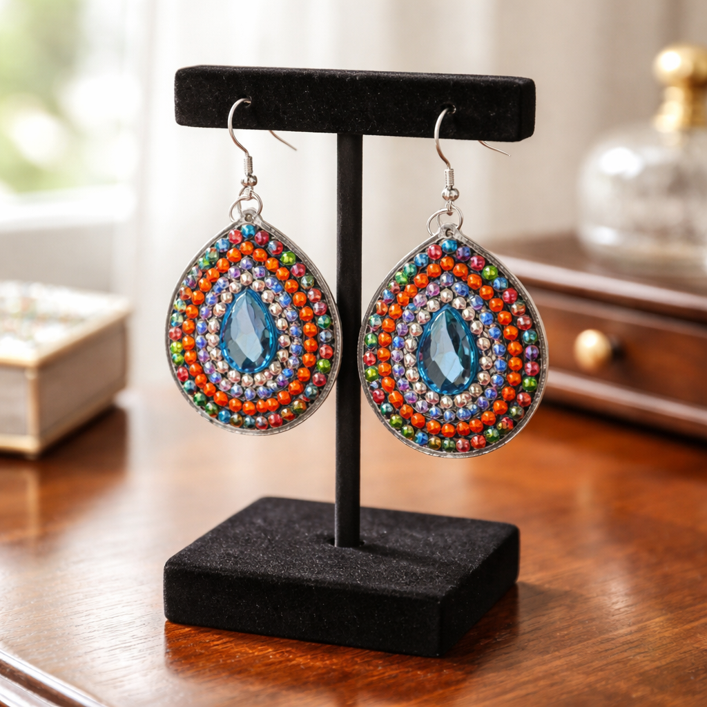 Diamond Painting Teardrop Wire Earrings – Multicolor Gemstone Dangle Earrings