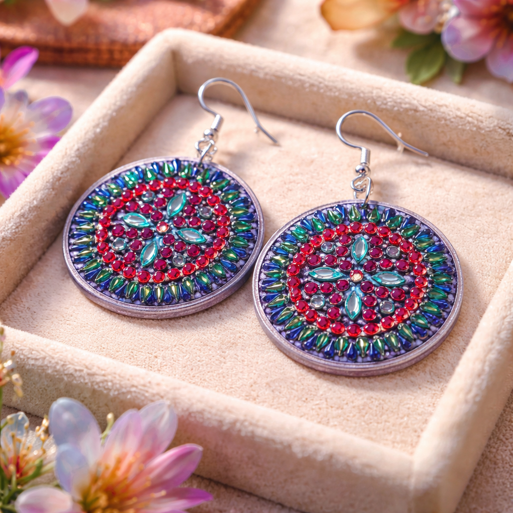 Diamond Painting Round Wire Earrings – Multicolor Gemstone Dangle Earrings