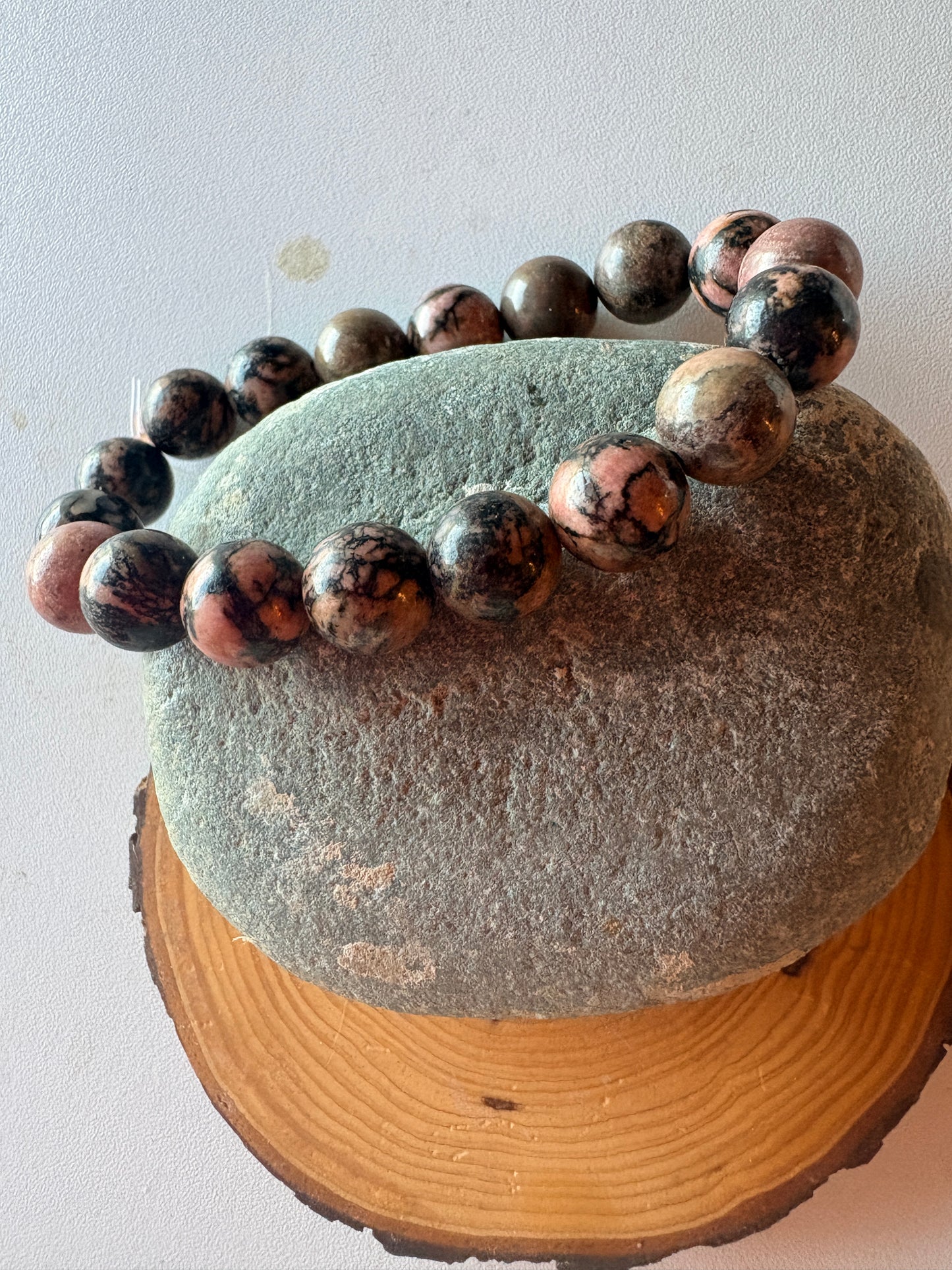Rhodonite Round Beaded Bracelet – Pink, Brown & Black Marble Stone