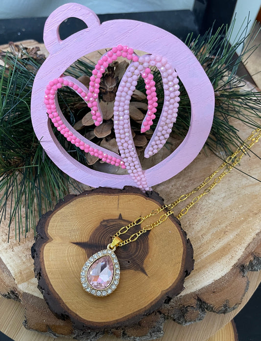 Pink and Diamond Rhinestone Pendant on a Gold chain NecklacePink tiful of LOVE