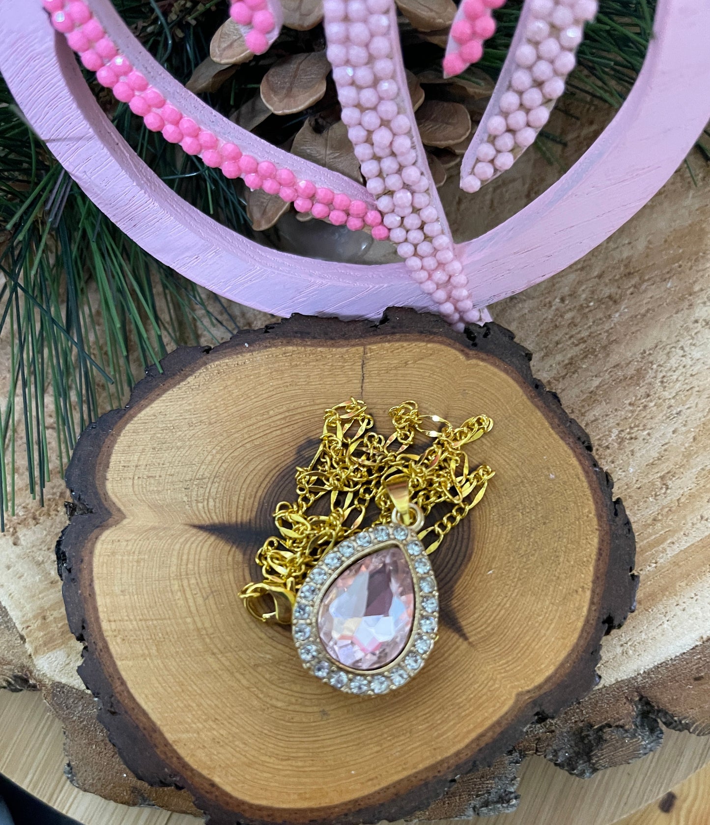 Pink and Diamond Rhinestone Pendant on a Gold chain NecklacePink tiful of LOVE