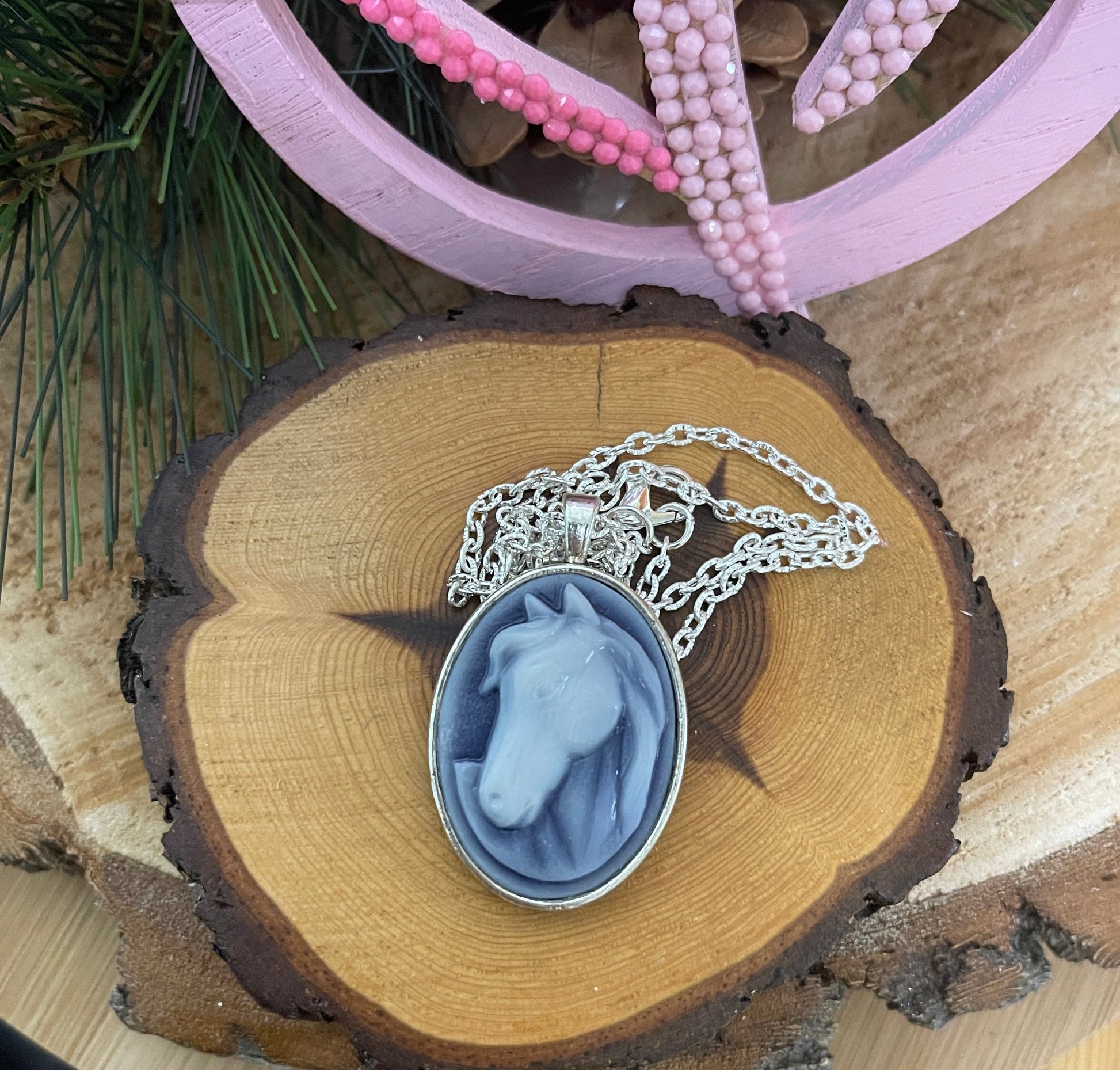 blue and White Horse Cameo Pendant on a Silver chain NecklacePink tiful of LOVE
