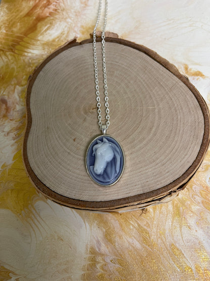 blue and White Horse Cameo Pendant on a Silver chain NecklacePink tiful of LOVE